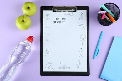 Photo of Race Day Checklist. Flat lay composition with clipboard and bottle of water on violet background