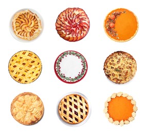 Set with different delicious pies on white background, top view