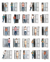 Collage of people near open refrigerators on white background