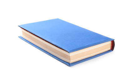 Book with blank blue cover isolated on white