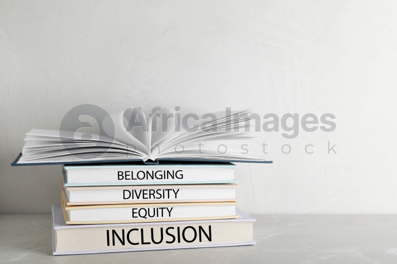 Stack of hardcover books with words Belonging, Diversity, Equity, Inclusion on table against white background