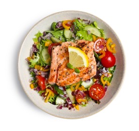 Bowl with tasty salmon, lemon and mixed vegetables on white background, top view