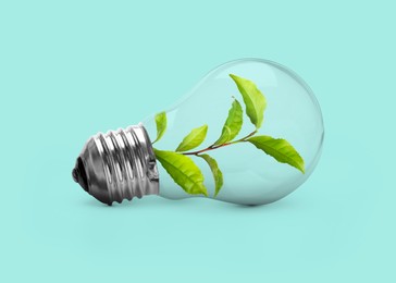 Saving energy, eco-friendly lifestyle. Fresh green leaves inside of light bulb on turquoise background