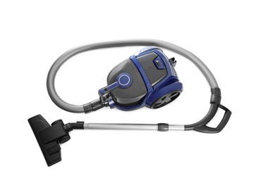 New modern vacuum cleaner on white background, top view