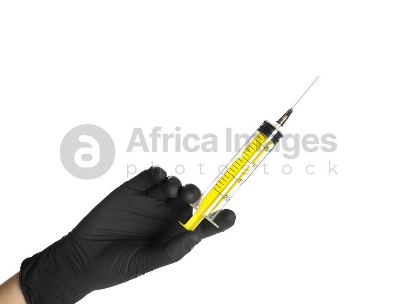 Doctor in medical glove holding empty syringe on white background