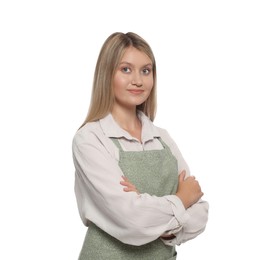 Beautiful young woman in clean apron on white background