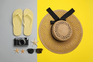Photo of Flat lay composition with beach objects on color background