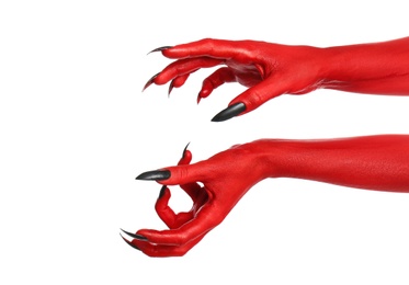 Scary monster on white background, closeup of hands. Halloween character