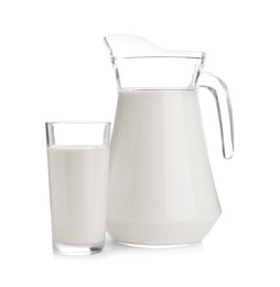 Jug and glass with fresh milk on white background