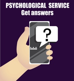 Illustration of Online psychological service. Person holding phone in hand on purple background, closeup