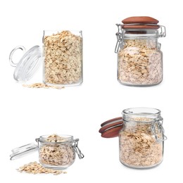 Set with uncooked oatmeal on white background 