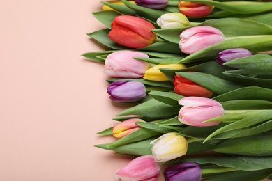 Photo of Beautiful tulips on pale pink background. Space for text