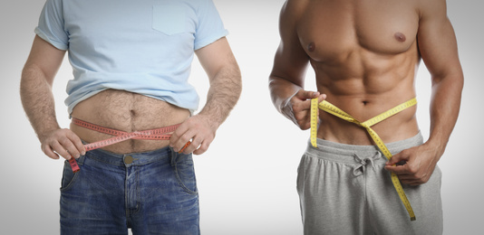 Slim and overweight men on light background, closeup