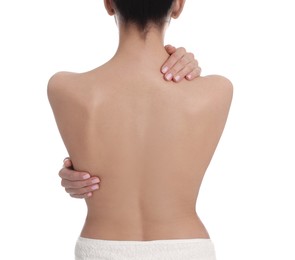 Back view of woman with perfect smooth skin on white background, closeup