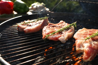 Cooking meat on barbecue grill outdoors, closeup
