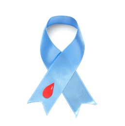 Light blue ribbon with paper blood drop on white background, top view. Diabetes awareness