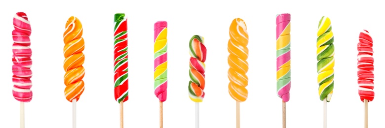 Set of delicious candies on white background. Banner design