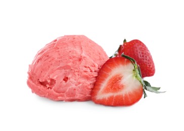 Scoop of delicious ice cream with strawberries on white background