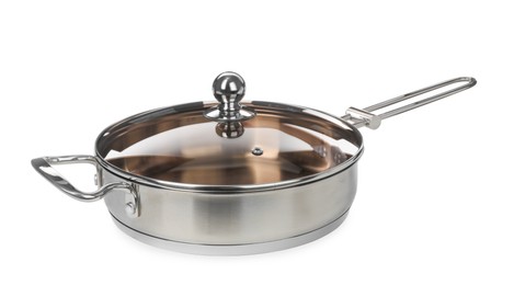 New stainless steel frying pan with glass lid isolated on white