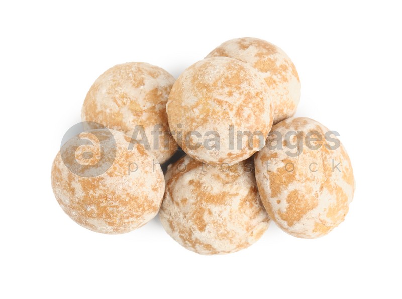 Photo of Tasty homemade gingerbread cookies on white background, top view