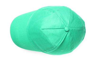 Stylish green baseball cap on white background, top view