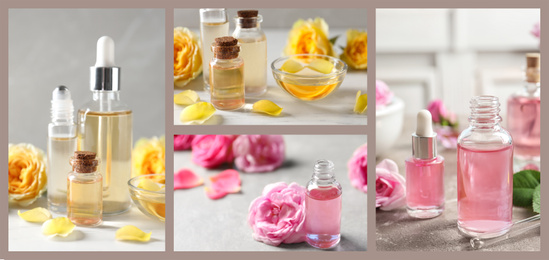 Collage of different photos with essential oils and flowers. Banner design