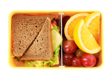 Photo of Lunch box of tasty healthy isolated on white, top view. School dinner