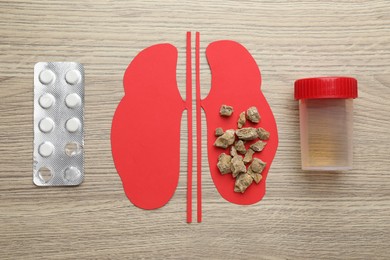 Paper cutout of kidneys with stones, pills and urine test on wooden table, flat lay