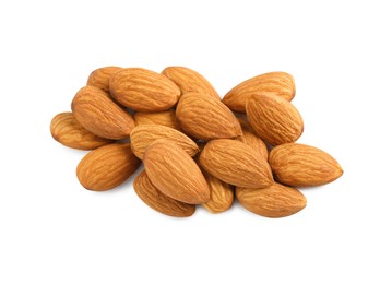 Organic almond nuts on white background, top view. Healthy snack