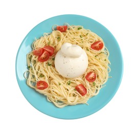 Plate of delicious pasta with burrata and tomatoes isolated on white, top view