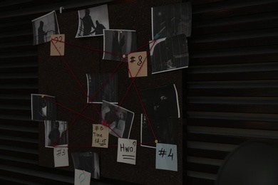 Detective board with crime scene photos, stickers, clues and red thread on wall
