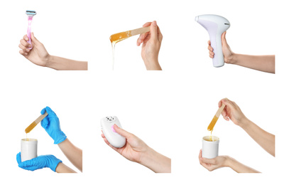 Collage of women holding different devices for epilation on white background, closeup