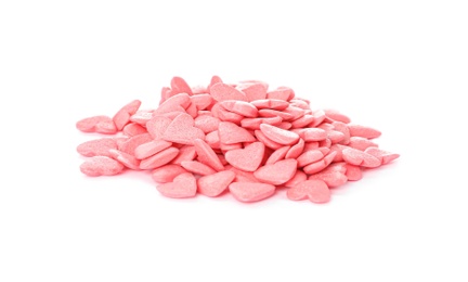 Pile of sweet candy hearts on white background