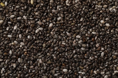 Photo of Chia seeds as background, top view. Organic superfood