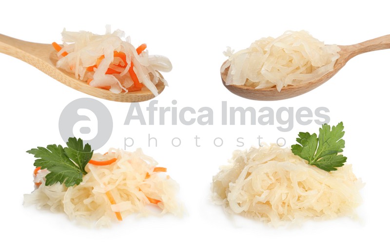 Set with tasty fermented cabbage with carrot on white background