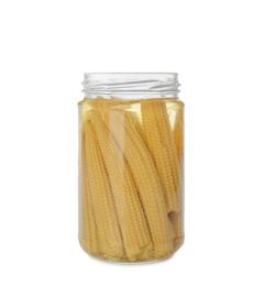 Jar of pickled baby corn isolated on white
