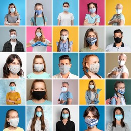 Image of Collage with photos of people wearing protective face masks on different color backgrounds
