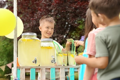 Little boy selling natural lemonade at stand in park