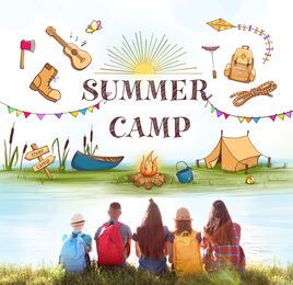 Children at summer camp. Illustrations on background