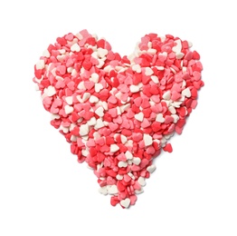 Heart made of sweet candies on white background, top view