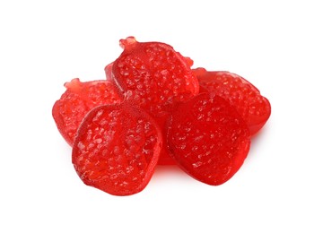 Pile of delicious gummy pomegranate candies on white background