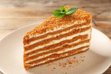 Slice of delicious layered honey cake with mint on plate, closeup