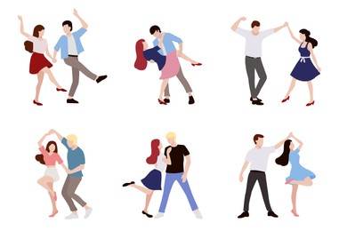 Set of dancing couples on white background. Vector illustrations
