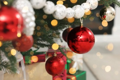 Beautiful Christmas tree with ornaments, closeup view