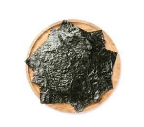 Wooden plate with dry nori sheets on white background, top view