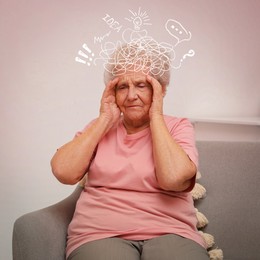Elderly woman suffering from dementia at home. Illustration of messy thoughts during cognitive impairment