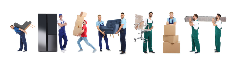 Collage with photos of workers carrying furniture and cardboard boxes on white background, banner design. Moving service