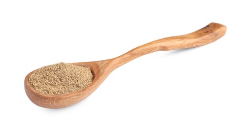 Photo of Wooden spoon with powdered coriander on white background