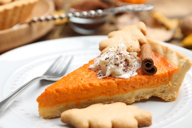 Slice of delicious homemade pumpkin pie on plate, closeup