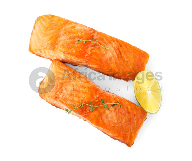 Delicious roasted fish with thyme and lime isolated on white, top view